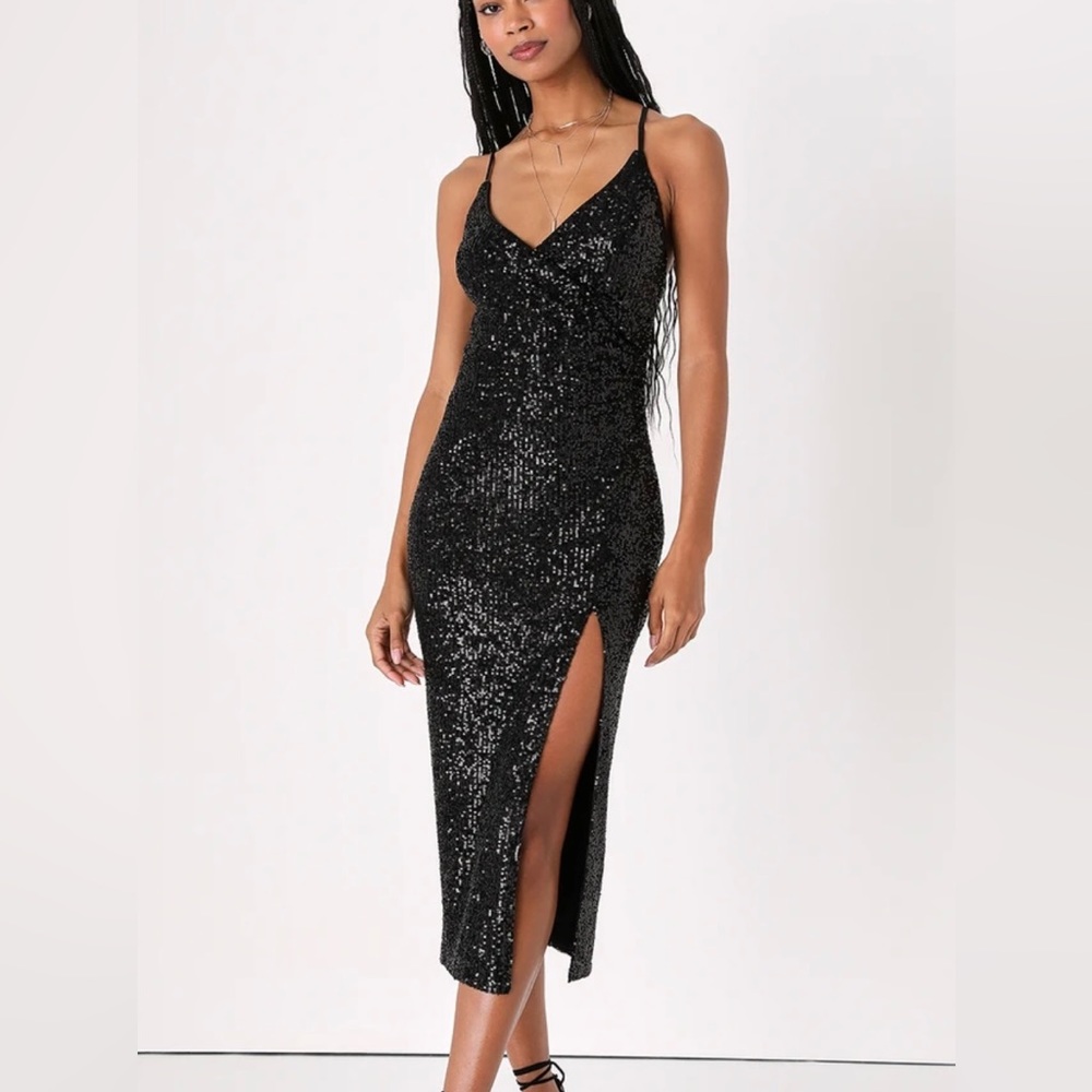 See Me Sparkle Black Sequin Surplice Bodycon Midi Dress Lulus